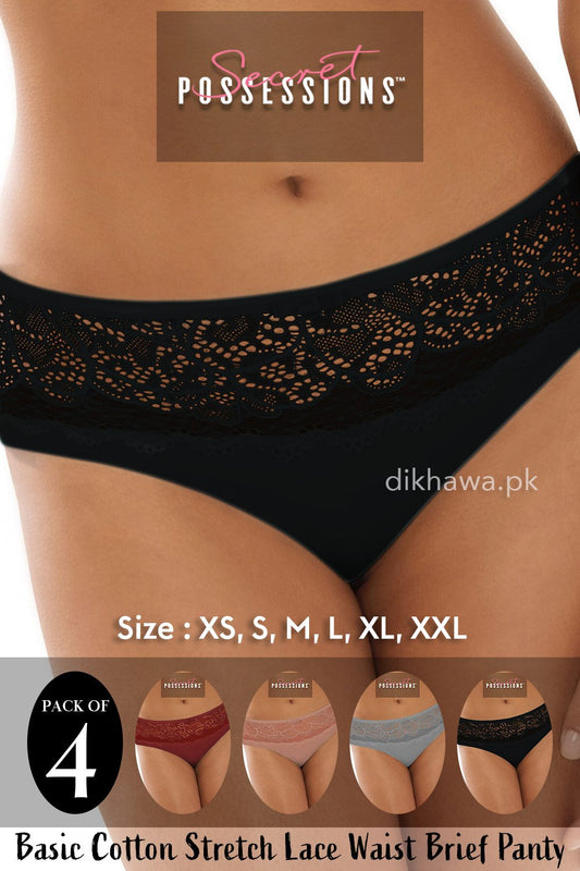 Secret Possessions Panty - Basic Cotton Stretch Lace Waist Brief Panty Pack of 4